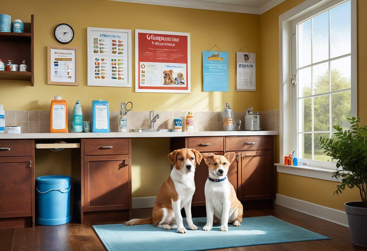 A warm and inviting veterinary clinic scene, featuring a friendly veterinarian gently examining a playful puppy, while a curious kitten peeks from behind a colorful pet care poster. Include various pet safety tips illustrated on the walls, such as 'Regular Check-ups' and 'Healthy Diet'. The atmosphere should convey compassion and trust, with bright natural light streaming through the windows. super-realistic. vibrant colors. soft focus.