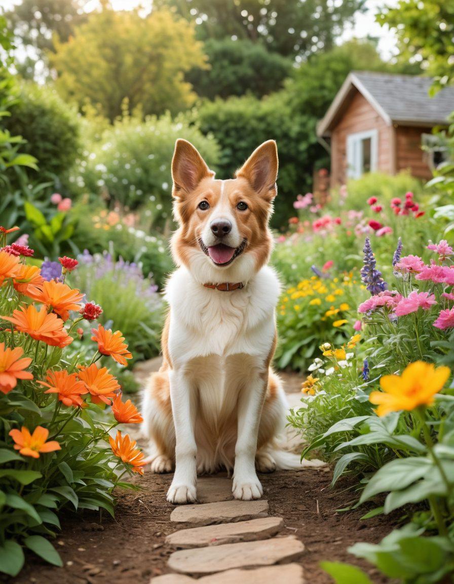 A serene scene depicting a diverse range of pets, including a dog, cat, and rabbit, enjoying a sunny garden filled with vibrant flowers and greenery. The animals are interacting harmoniously, showing signs of joy and health, with a holistic care theme illustrated through natural remedies like herbs and essential oils arranged tastefully around them. The background features a cozy home, symbolizing safety and love. soft focus. vibrant colors. natural light.