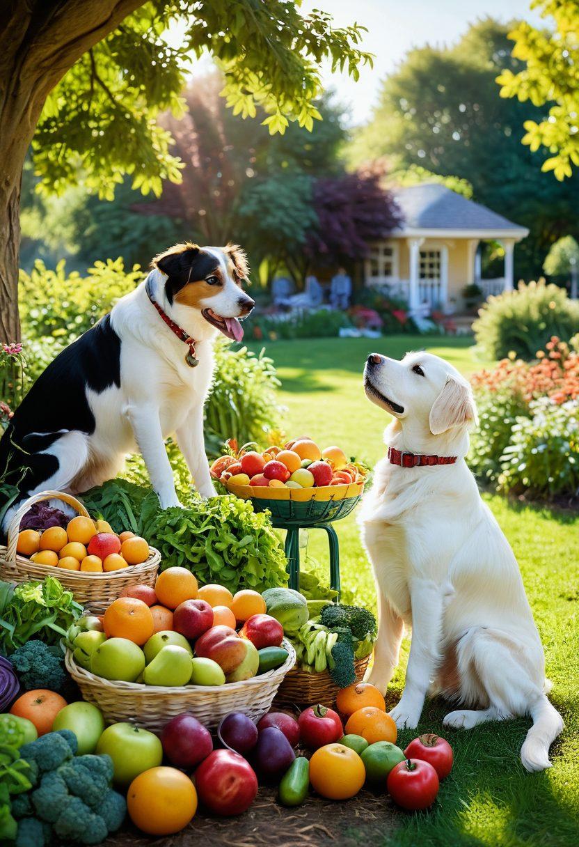 A warm, inviting scene featuring a joyful pet dog and cat in a sunlit park, exploring a selection of vibrant fruits and vegetables to highlight nutritious pet diets. In the background, a friendly veterinarian interacts with a happy pet owner, symbolizing care and trust. Soft pastel colors and a lush green environment create a sense of harmony and well-being. Detailed and expressive characters capturing the essence of companionship and health. super-realistic. vibrant colors. nature-inspired.